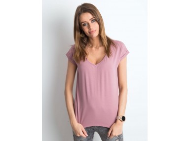 T-shirt moulant à col V - rose foncé