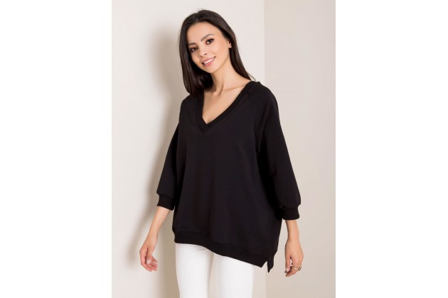 Sweat long en coton à col V - noire