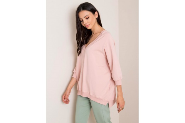 Sweat long en coton à col V -  rose clair