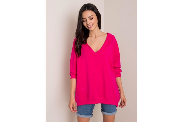 Sweat long en coton à col V - fuchsia