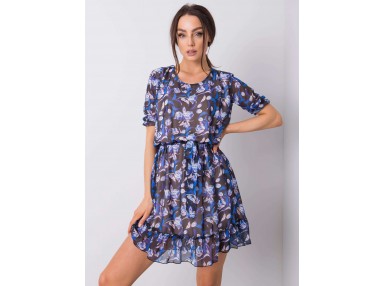 Robe courte à imprimé et volant - noire et bleue