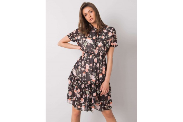 Robe courte à imprimé et volants - noire et rose