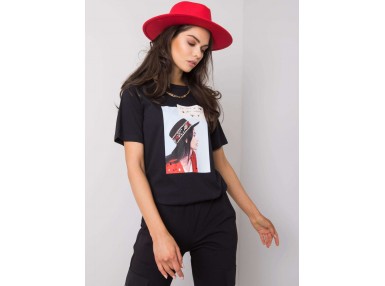T-shirt blanc en coton pour femme avec un imprimé  - noir