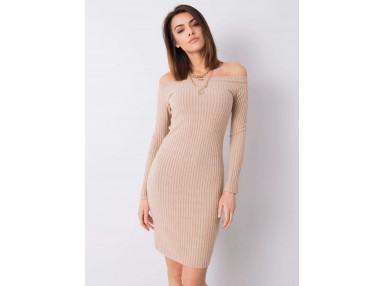 Robe courte côtelée à col montant et manches longues - beige