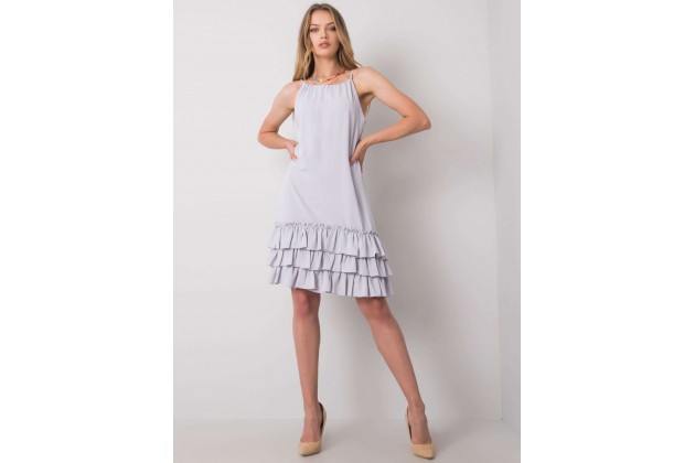Robe longue en coton à bretelles et volants - gris clair