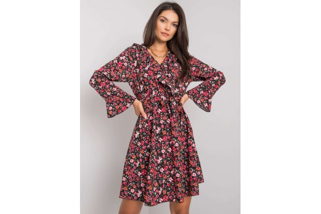 Robe courte femme à imprimé et manches évasées - noire et rouge