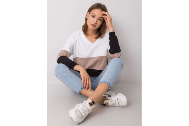 Sweat en coton col V - noir et beige