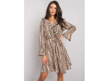 Robe courte femme à imprimé et manches évasées -noire et beige