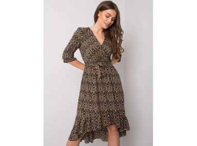 Robe fleurie à ceinture, avec ourlet asymétrique et volants - noire et beige