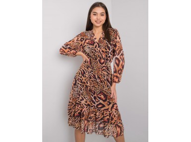 Robe fleurie à ceinture, avec ourlet asymétrique et volants  -  marron clair