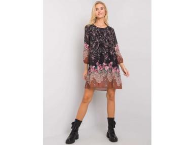 Robe d'été imprimée à manches longues  - noire et beige