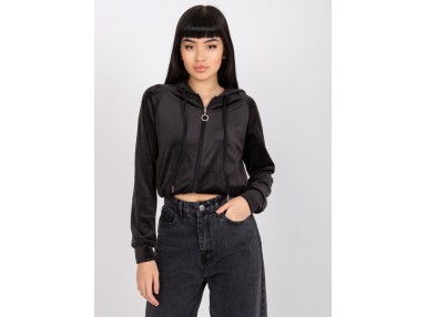  Sweat à capuche confort zippé court en velours  - noire