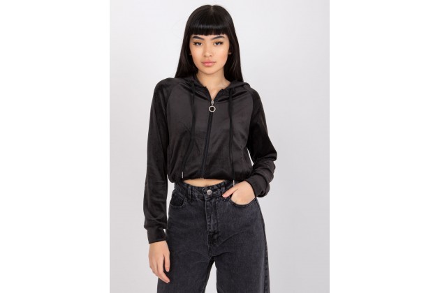  Sweat à capuche confort zippé court en velours  - noire