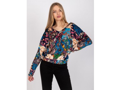 Sweat avec col V et imprimé - bleu foncé
