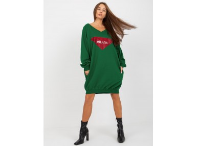 Sweat long en coton à col V - vert foncé