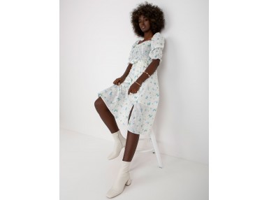 Robe longue à encolure carrée et manches bouffantes -blanche et bleue