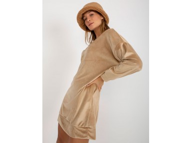 Robe tunique courte en velours à col V -beige