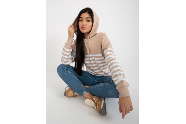 Sweat court rayé - blanc et beige