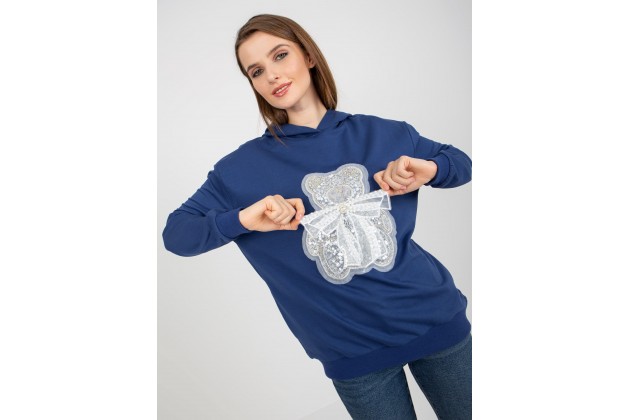 Sweat col rond imprimé ours en peluche -bleu marine