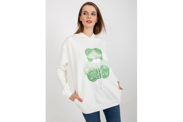 Sweat col rond imprimé ours en peluche -écru