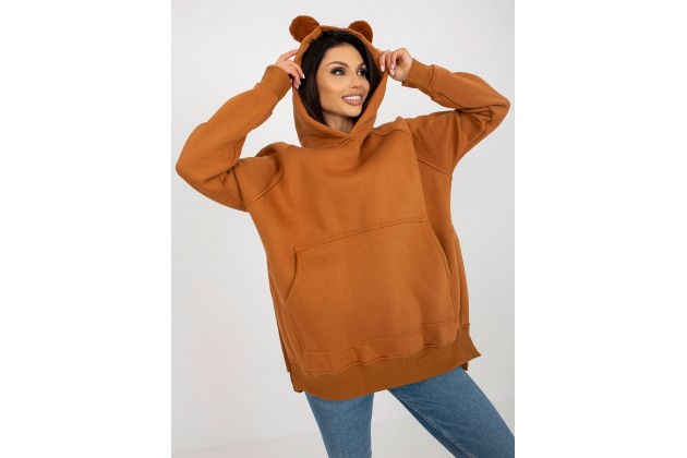 Sweat à capuche court femme avec pompons -marron clair