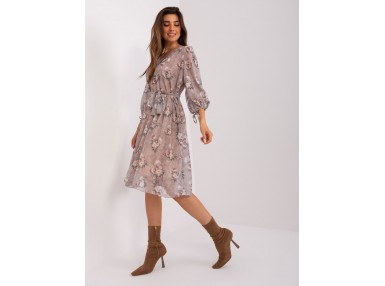 Robe mi-longue à manches longue et imprimé fleuri - beige foncé
