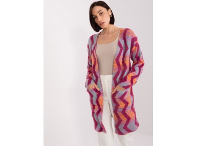 Cardigan long boutonné à motif zigzag  - rose