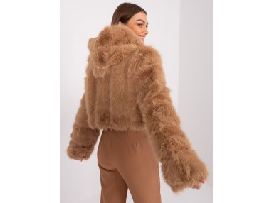 Veste court en fausse fourrure à capuche -  chameau