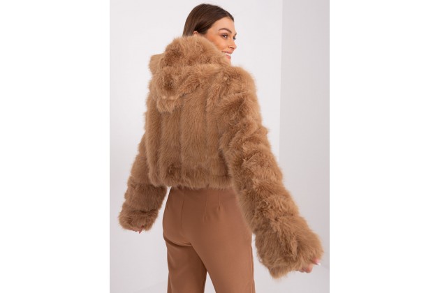 Veste court en fausse fourrure à capuche -  chameau