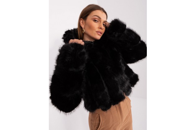 	Veste court en fausse fourrure à capuche -- noire