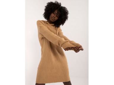 Pull long en maille à capuche - chameau